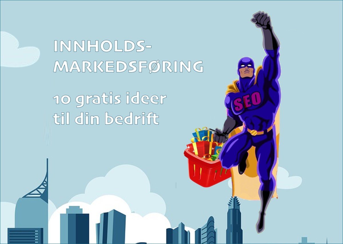 En superhelt med "SEO" skrevet på brystet flyr i lufta. Han holder en handlekurv med masse presanger oppi. I bakgrunnen ser vi en by.