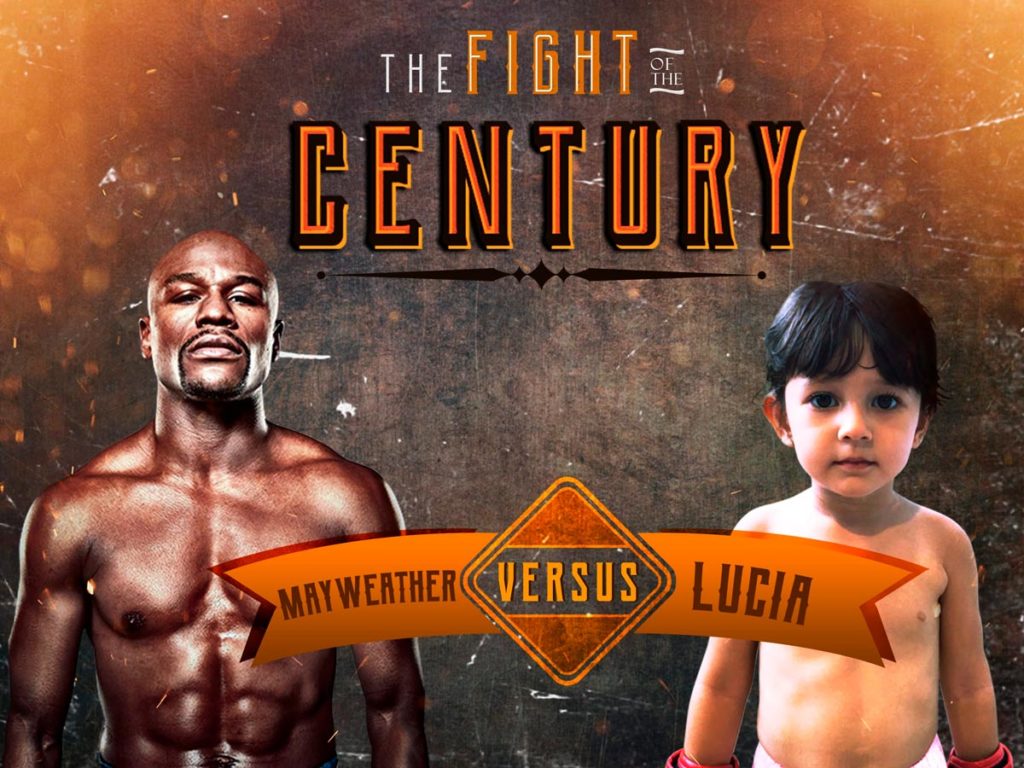 En plakat som viser tittelkamp mellom et barn og en voksen profesjonell bokser. "the fight of the century: May Weather versus Lucia"
