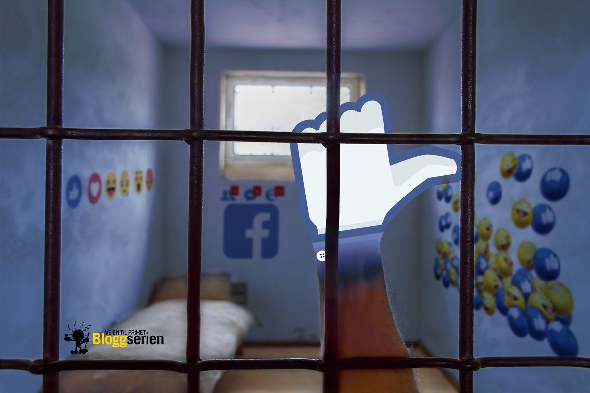 En Facebook-like-hånd er festet til en menneskehånd i et fengsel. Innsiden av fengselet har farger og dekorasjon assosiert med Facebook.
