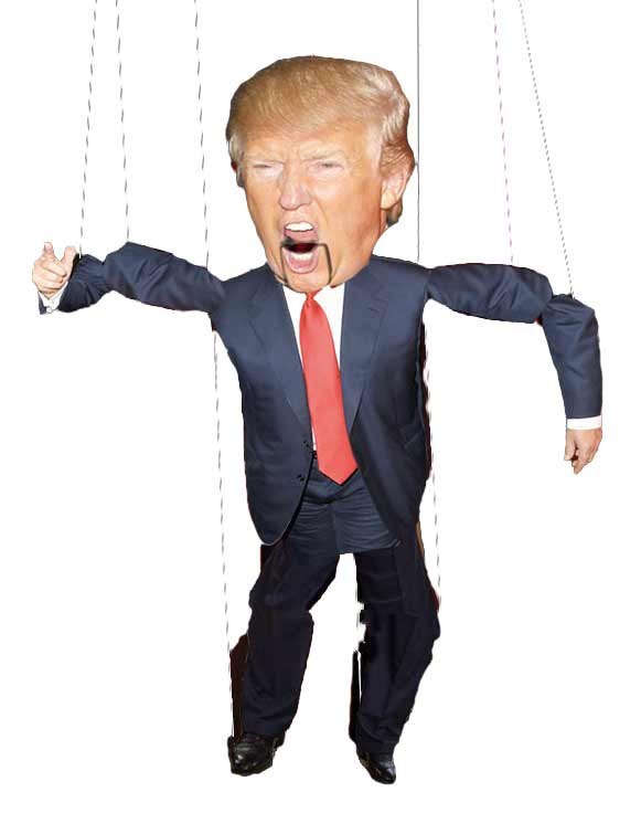 Donald Trump i form av en marionettdukke.