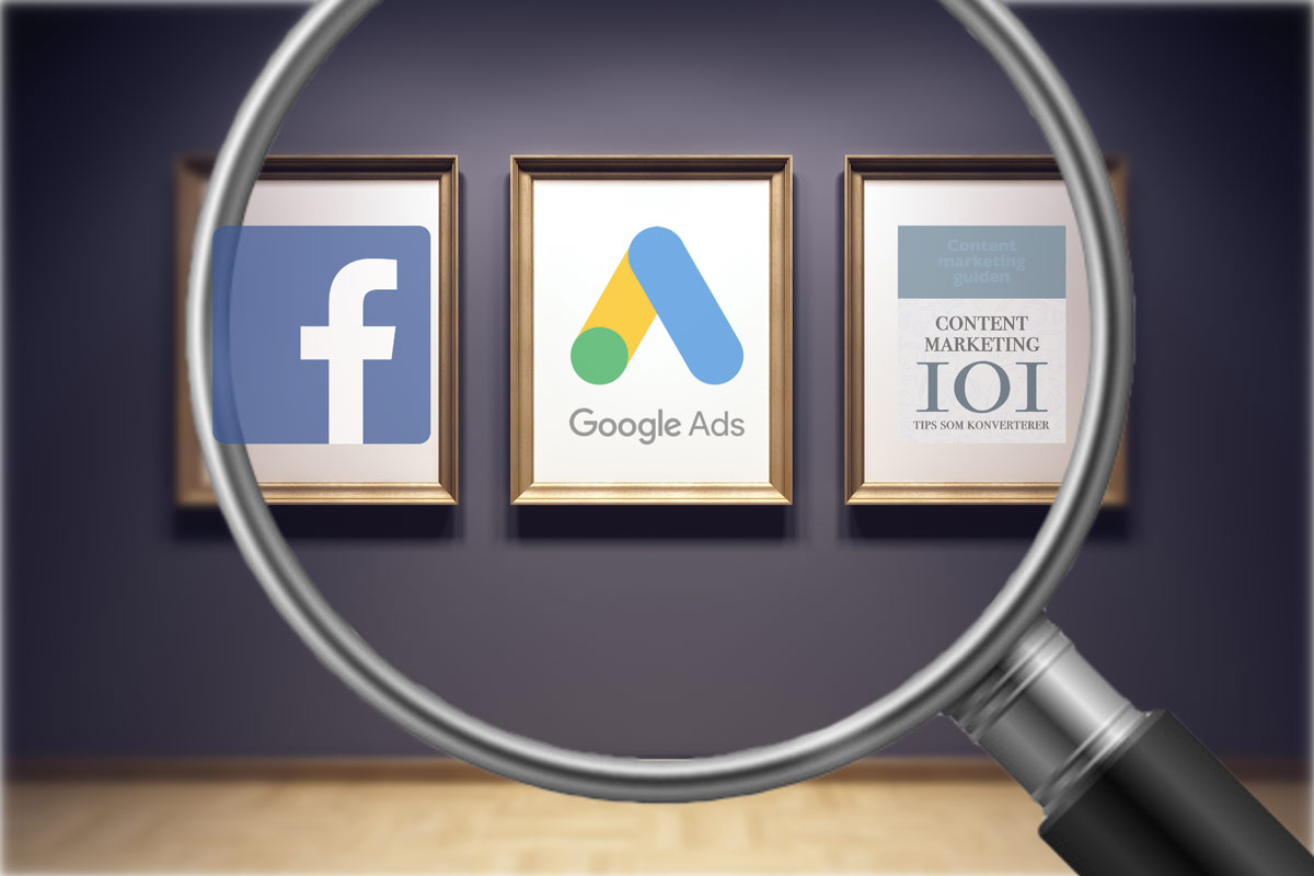 Forstørrelsesglass som holdes foran tre bilder i et galleri: facebook, google ads og content marketing e-bok. Symboliserer valg av kanaler.